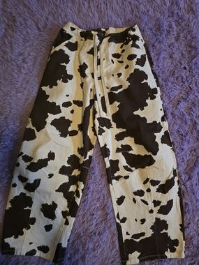 Barrel Leg Cow-Print Pants - Brown & White
